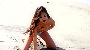 Hot Asian Model Audrey In Yellow Bikini Strips On Beach...