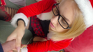 Nerdy Glasses In Hot Tight Pussy Secretary Teasing Cock By Giving A Handjob As Miss Santa To Get Precum...