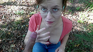 Outdoor blowjob forest and cum on...