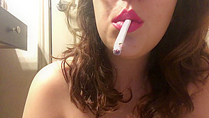 Topless Brunette Teen Babe Smoking Long 100 Cigarette Big Perky Tits...